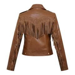 Women's Brown Genuine Sheepskin Fringed-Trim Leather Jacket
