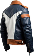 Men's Navy Blue and Brown Genuine Sheepskin Biker Leather Jacket