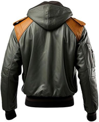 Men’s Winter Hooded Olive-Green Flight Sheepskin Bomber Leather Jacket