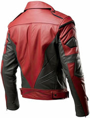 Men's Red and Charcoal Distressed with Asymmetrical Zipper and Belt Leather Jacket