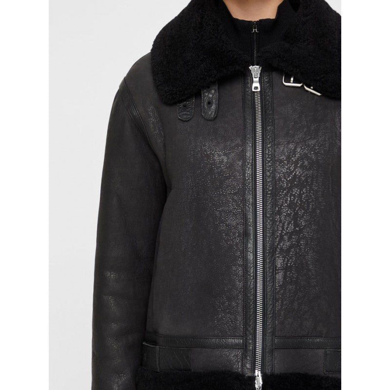 Women Black Distressed Shearling Jacket
