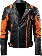 Men's Orange and Black Genuine Sheepskin Stand Collar Zip-Up Leather Jacket