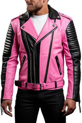 Veste matelassée croisée en cuir de mouton véritable rose et noir pour homme