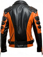 Men's Brando-Style Orange Genuine Sheepskin Leather Jacket