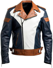 Men's Navy Blue and Brown Genuine Sheepskin Biker Leather Jacket