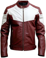 Men's Maroon and White Genuine Sheepskin Sleek Zip-up Leather Jacket