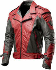 Men's Red and Charcoal Distressed with Asymmetrical Zipper and Belt Leather Jacket