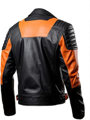 Men's Orange and Black Genuine Sheepskin Stand Collar Zip-Up Leather Jacket