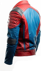 Men's Red and Blue Genuine Sheepskin Leather Quilted Shoulders Jacket
