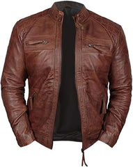 Men's Distressed Brown Cafe Racer Genuine Sheepskin Leather Jacket