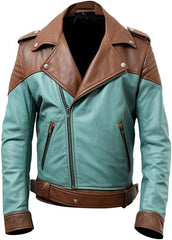 Men's Mint green and Brown Real Sheepskin Biker Leather Jacket