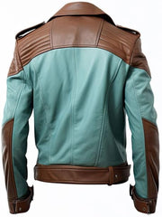 Men's Mint green and Brown Real Sheepskin Biker Leather Jacket