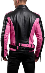 Men?? Pink and Black Genuine Sheepskin Leather Quilted Crossover Jacket
