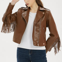 Veste en cuir véritable de mouton marron pour femme avec bordure à franges