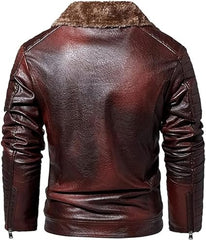 Men's Genuine Sheepskin Leather Brown Biker Jacket with Faux Fur