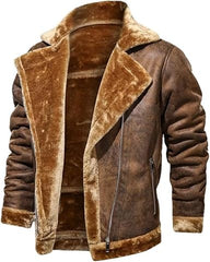 Men's Winter Outfit Brown Bomber Sheepskin Leather Jacket