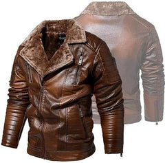 Men's Genuine Sheepskin Leather Brown Biker Jacket with Faux Fur