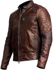 Men's Distressed Brown Café Racer Genuine Lambskin Leather Jacket