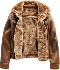 Men's Winter Outfit Brown Bomber Sheepskin Leather Jacket