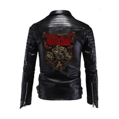 Men's American Motorcycle Printed on the Back Black Sheepskin Leather Jacket