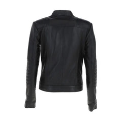 Women's Designer Chest-zip Black Slim-fit Sheepskin Leather Jacket