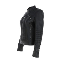 Women's Designer Chest-zip Black Slim-fit Sheepskin Leather Jacket