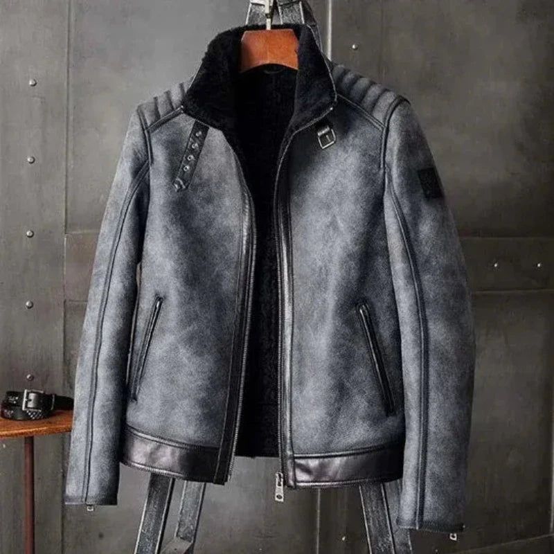 Men s B3 Bomber Sherpa Sheepskin Leather Jacket With Grey Black Combination