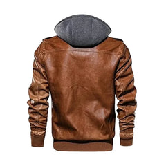 Men's Motorcycle Retro Brown Hooded Genuine Sheepskin Leather Jacket