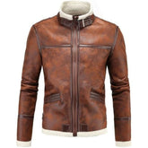 Men's Casual Bold-Lined Brown Pure Cowhide Sherpa Leather Jacket
