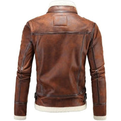 Men's Casual Bold-Lined Brown Pure Cowhide Sherpa Leather Jacket
