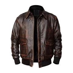 Men's Classic Distressed Brown Bomber Real Sheepskin Leather Jacket
