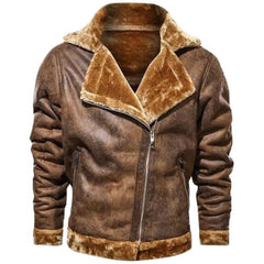 Men's Winter Outfit Brown Bomber Sheepskin Leather Jacket