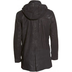 Men's Luxurious Parka Hooded Black Real Cowhide Long leather Coat