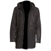 Men's Luxurious Parka Hooded Black Real Cowhide Long leather Coat