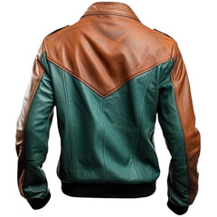 Men's Classic Green-Brown Splash Panel Bomber Cowhide Leather Jacket