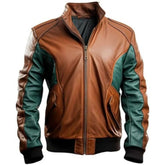 Men's Classic Green-Brown Splash Panel Bomber Cowhide Leather Jacket