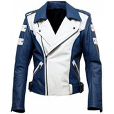 Men's Stunning Moto Stylish Blue-White Sheepskin Leather Jacket