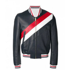 Men's Black Bomber Diagonal Strips Sheepskin Leather Varsity Jacket