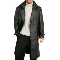 Men's Double-Breasted Black Cowhide Leather Long Trench Coat