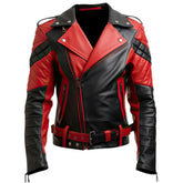 Men’s Black-Red Quilted-Sleeves Sheepskin Brando Leather Jacket