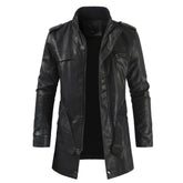 Schwarzer, warmer Motorrad-Ledermantel aus echtem Schaffell für den Winter für Herren