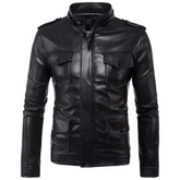Men's Black Military-Inspired Detachable Hoodie Lambskin Leather Jacket