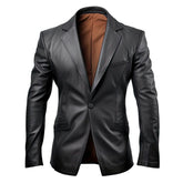 Men’s Black Slim-Fit One-Button Semi-Formal Sheepskin Leather Blazer Coat
