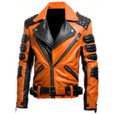 Men's Brando-Style Orange Genuine Sheepskin Leather Jacket