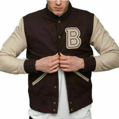 Men's Brown Fashion 'B' Patch logo B3 Bomber Varsity Jacket