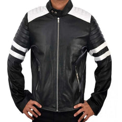 Men's Café Racer Vintage Black White-Stripes Sheepskin Leather Jacket