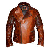 Klassische Bikerjacke aus gewachstem, braunem Rindsleder im Used-Look für Herren