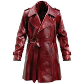 Men’s Crossover Lapel-Collar Maroon Belted Sheepskin Trench Leather Coat