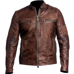 Men's Distressed Brown Café Racer Genuine Lambskin Leather Jacket