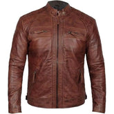 Men's Distressed Brown Cafe Racer Genuine Sheepskin Leather Jacket
